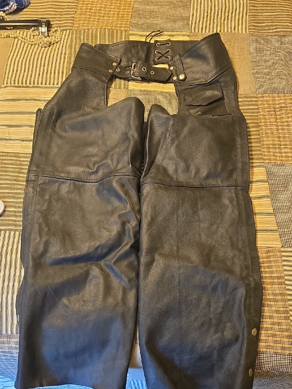 Black Leather Chaps with Lace-Up Waist